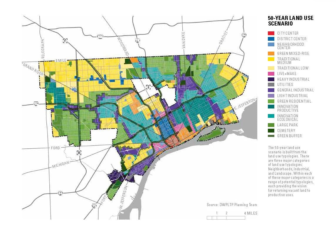 mapa Detroit opuštěné budovy mapě